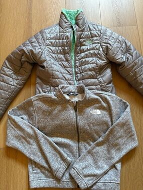 The North Face Taupe Quilted Jacket  with Mint Lining + Taupe Heather Fleece